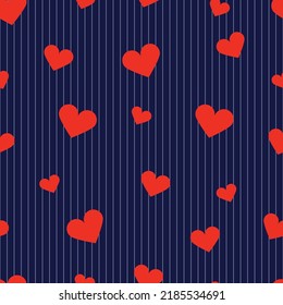 Red hearts, blue background, seamless vector pattern