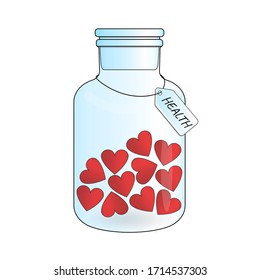 corazones rojos en un frasco azul con el título "salud" en la etiqueta, gráficos vectoriales, estilo de caricatura, concepto de salud y medicina