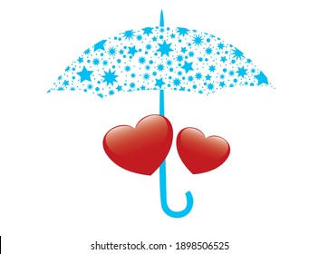 red hearts and blue umbrella - vector