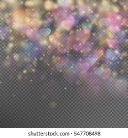 Red hearts bokeh on transparent background. Realistic particle glitter effect. Bright design element for decoration holidays valentine s day. EPS 10 vector file included