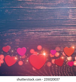 Red hearts & bokeh on wood texture. Valentine's day.  Vector illustration 