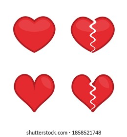 Corazones rojos, íconos de corazones rotos establecidos. Amor, Amo icono del corazón. Símbolo de ruptura y desgarro del corazón. Ilustración simple de estilo vectorial plano. EPS 10.