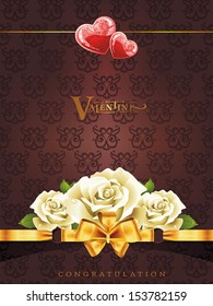 Red hearts card on brown background. Happy Valentine's day. Easy to edit