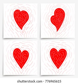 Red hearts card set. Doodle style Valentine's day vector illustration.