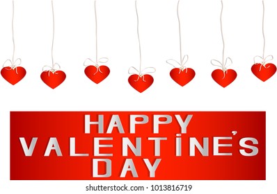 Red hearts from a cardboard hang on a tapeand a banner with a holiday inscription . Valentine's Day. Vector illustration
