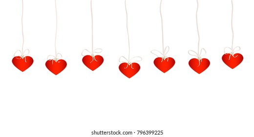 Red hearts from a cardboard hang on a tape. Valentine's Day. Vector illustration