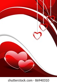 red hearts, circle background with hanging romantic heart shape, vector illustration