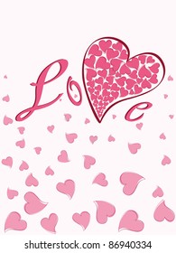 red hearts, circle background with hanging romantic heart shape, vector illustration