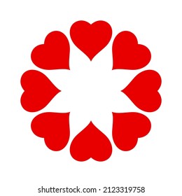 Red hearts in circle with copy space in center. People hearts together concept. Love, friendship and cooperation. Flat vector illustration isolated on white background.