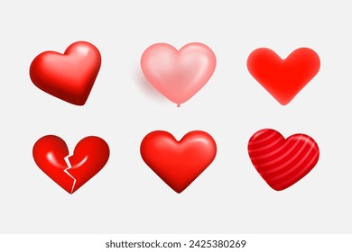 Red hearts clipart isolated on white background. 3d vector illustration
