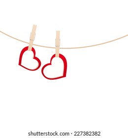 Red hearts with clothespin hanging on clothesline isolated on white background. Vector illustration.
