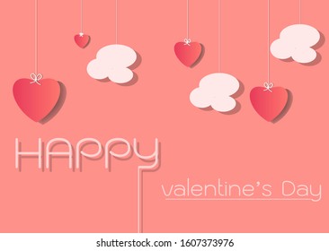 red hearts and clouds are holding by sting on top, peach color background feel like fluffy in the air and Happy Valentine's Day text