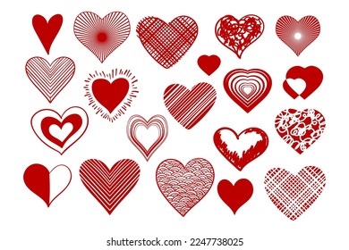 Rote Herzenskollektion. Doodle-Herzen mit unterschiedlicher Schlagstärke gesetzt. Logo für farbige Schmutzspritzer. Vektorgrafik