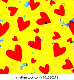 Red hearts and colored stains on yellow backdrop. Seamless texture. Abstract vector background for web page, valentines day design, fabric, home decor, wrapping, greeting card