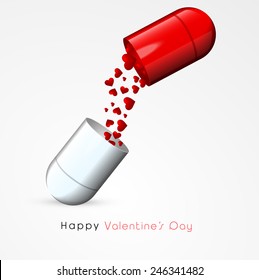 Red hearts coming out from a glossy capsule pill on grey background for Happy Valentines Day celebration.