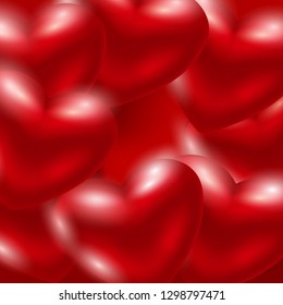 Red hearts composition on a red background. Valentines day or wedding card with realistic balloon hearts. Vector illustration for decoration.