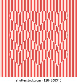 Red hearts composition on a striped background. Creative wallpaper. Happy Valentine`s Day postcard. Simple flat design. Modern poster. Op abstract art. Love and joy. Romantic Valentine`s print texture