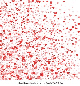 Red hearts confetti. Abstract mess on white valentine background. Vector illustration.