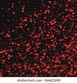 Red hearts confetti. Abstract random scatter on black valentine background. Vector illustration.