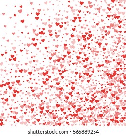 Red hearts confetti. Abstract random scatter on white valentine background. Vector illustration.