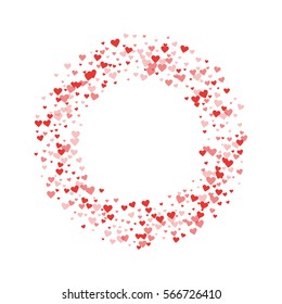 Red hearts confetti. Bagel shape on white valentine background. Vector illustration.