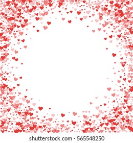 Red hearts confetti. Bordered frame on white valentine background. Vector illustration.