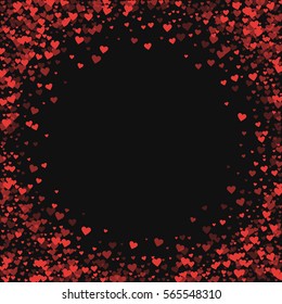 Red hearts confetti. Bordered frame on black valentine background. Vector illustration.