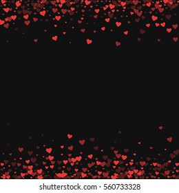 Red hearts confetti. Borders on black valentine background. Vector illustration.