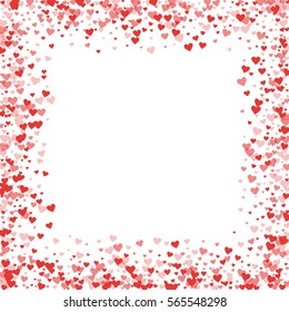 Red hearts confetti. Chaotic border on white valentine background. Vector illustration.