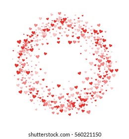 Red hearts confetti. Circle frame on white valentine background. Vector illustration.