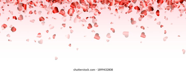 Red hearts confetti corner frame on light pink background. Valentine's Day. Banner template. Space for text. Vector illustration.