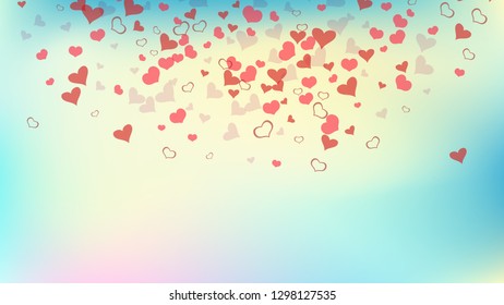 Red hearts of confetti crumbled. Happy background. The idea of wallpaper design, textiles, packaging, printing, holiday invitation for wedding. Red on Gradient fond Vector.