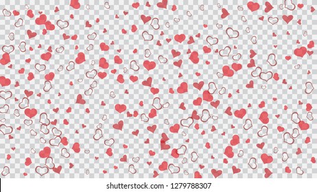 Red hearts of confetti crumbled. Part of the design of wallpaper, textiles, packaging, printing, holiday invitation for birthday. Spring background. Red on Transparent fond Vector.