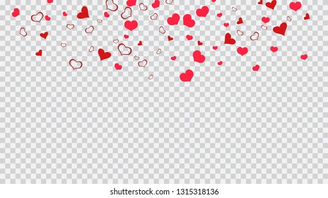 Red hearts of confetti crumbled. A sample of wallpaper design, textiles, packaging, printing, holiday invitation for birthday. Red on Transparent Vector. Happy background.