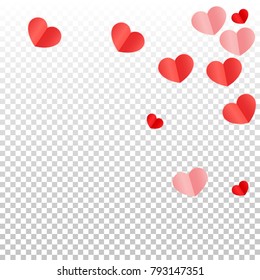 Red Hearts Confetti Falling Background. St. Valentine's Day Pattern. Romantic Scattered Hearts Design Element. Love. Sweet Moment. Cards, Banners, Posters, Flyers, Sales, Brochure, Wallpaper.