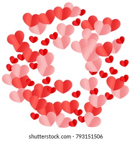 Red Hearts Confetti Falling Background. St. Valentine's Day Pattern. Romantic Scattered Hearts Design Element. Love. Sweet Moment. Cards, Banners, Posters, Flyers, Sales, Brochure, Wallpaper.