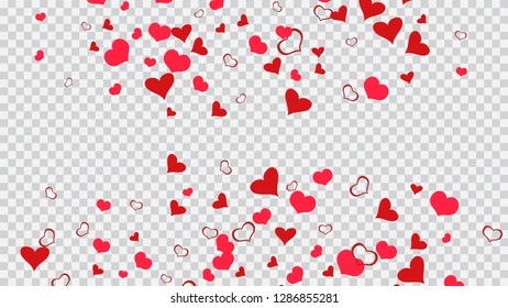 Red hearts of confetti are falling. The idea of wallpaper design, textiles, packaging, printing, holiday invitation for Valentine's Day. Red on Transparent background Vector. Stylish background.