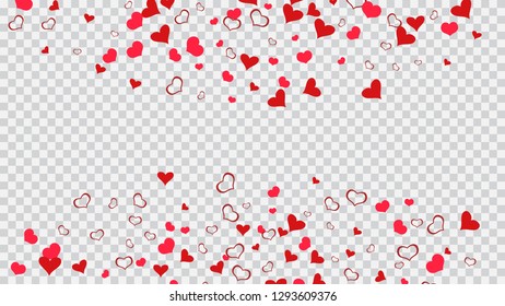Red hearts of confetti are falling. The idea of wallpaper design, textiles, packaging, printing, holiday invitation for birthday. Romantic background. Red on Transparent fond Vector.