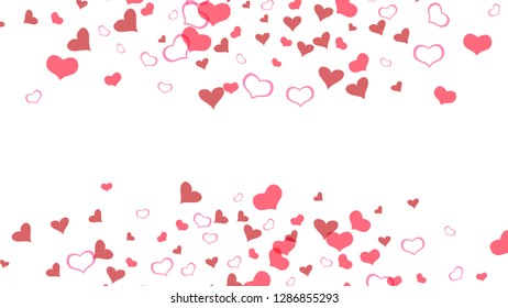 Red hearts of confetti are falling. Light background. Part of the design of wallpaper, textiles, packaging, printing, holiday invitation for Valentine's Day. Red on White background Vector.