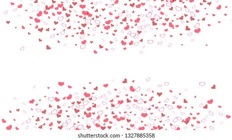 Red hearts of confetti are falling. Light background. Design element for wallpaper, textiles, packaging, printing, holiday invitation for birthday. Red on White fond Vector.