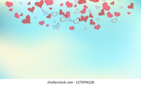 Red hearts of confetti are falling. Red on Gradient fond Vector. Spring background. A sample of wallpaper design, textiles, packaging, printing, holiday invitation for Valentine's Day.