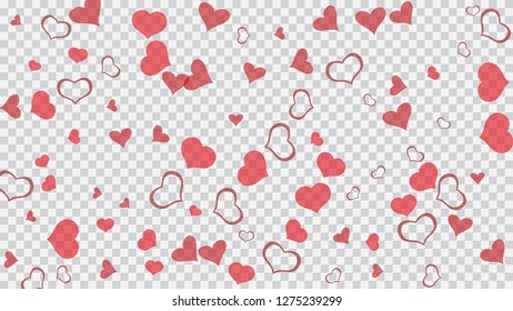 Red hearts of confetti are falling. Red on Transparent fond Vector. Festive background. Design element for wallpaper, textiles, packaging, printing, holiday invitation for Valentine's Day.