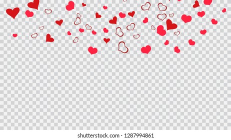 Red hearts of confetti are falling. Red on Transparent background Vector. Part of the design of wallpaper, textiles, packaging, printing, holiday invitation for wedding. Happy background.