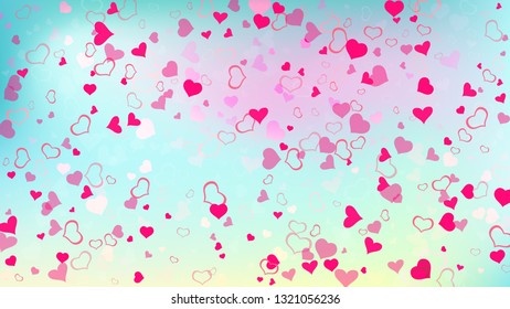 Red hearts of confetti are falling. Red on Gradient fond Vector. Spring background.  