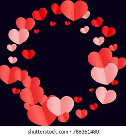Red Hearts Confetti Falling on Black Background. St. Valentine's Day Pattern. Romantic Scattered Hearts Cute Texture. Love. Sweet Moment. Gift. Wedding. Anniversary, Birthday. Vector Illustratuion.