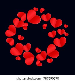 Red Hearts Confetti Falling on Black Background. St. Valentine's Day Pattern. Romantic Scattered Hearts Design Element. Love. Sweet Moment. Gift. Wedding. Anniversary, Birthday. Vector Illustratuion.