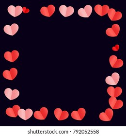 Red Hearts Confetti Falling on Black Background. St. Valentine's Day Pattern. Romantic Scattered Hearts Design Element. Love. Sweet Moment. Cards, Banners, Posters, Flyers, Sales, Brochure, Wallpaper.