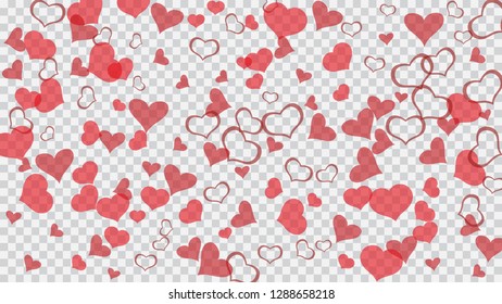 Red hearts of confetti are falling. Romantic background. Design element for wallpaper, textiles, packaging, printing, holiday invitation for birthday. Red on Transparent background Vector.
