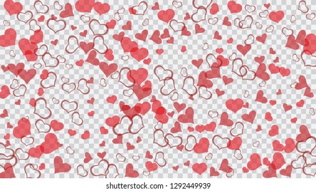 Red hearts of confetti are falling. A sample of wallpaper design, textiles, packaging, printing, holiday invitation for Valentine's Day. Happy background. Red on Transparent fond Vector.