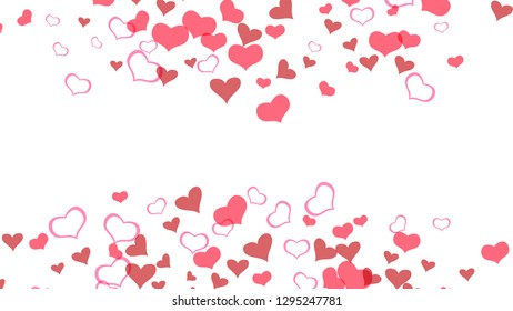 Red hearts of confetti are falling. A sample of wallpaper design, textiles, packaging, printing, holiday invitation for Valentine's Day. Light background. Red on White fond Vector.
